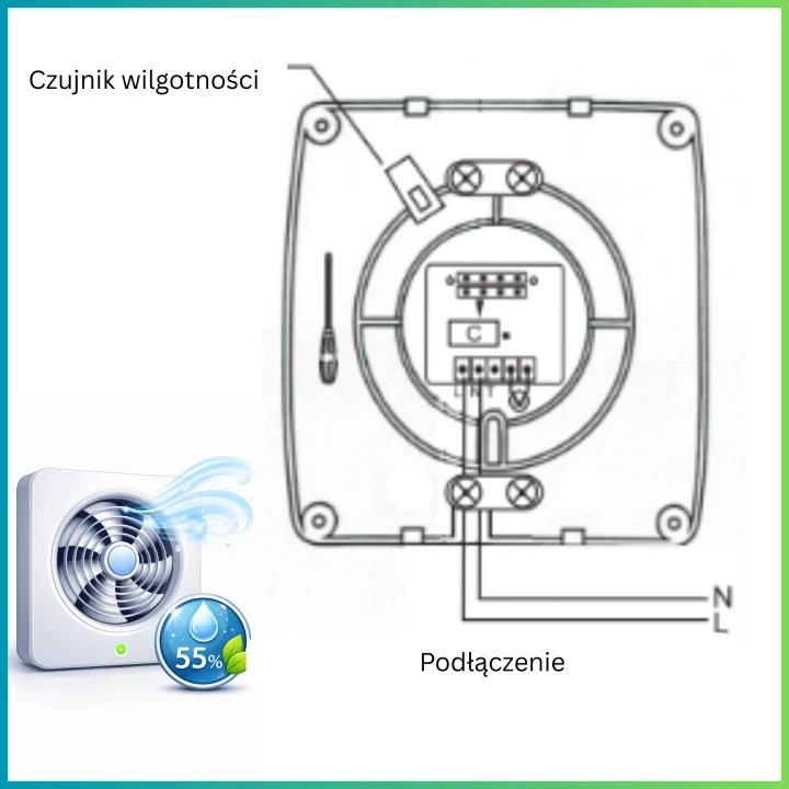 Wentylator łazienkowy cichy z czujnikiem wilgoci + timer 100mm biały.webp